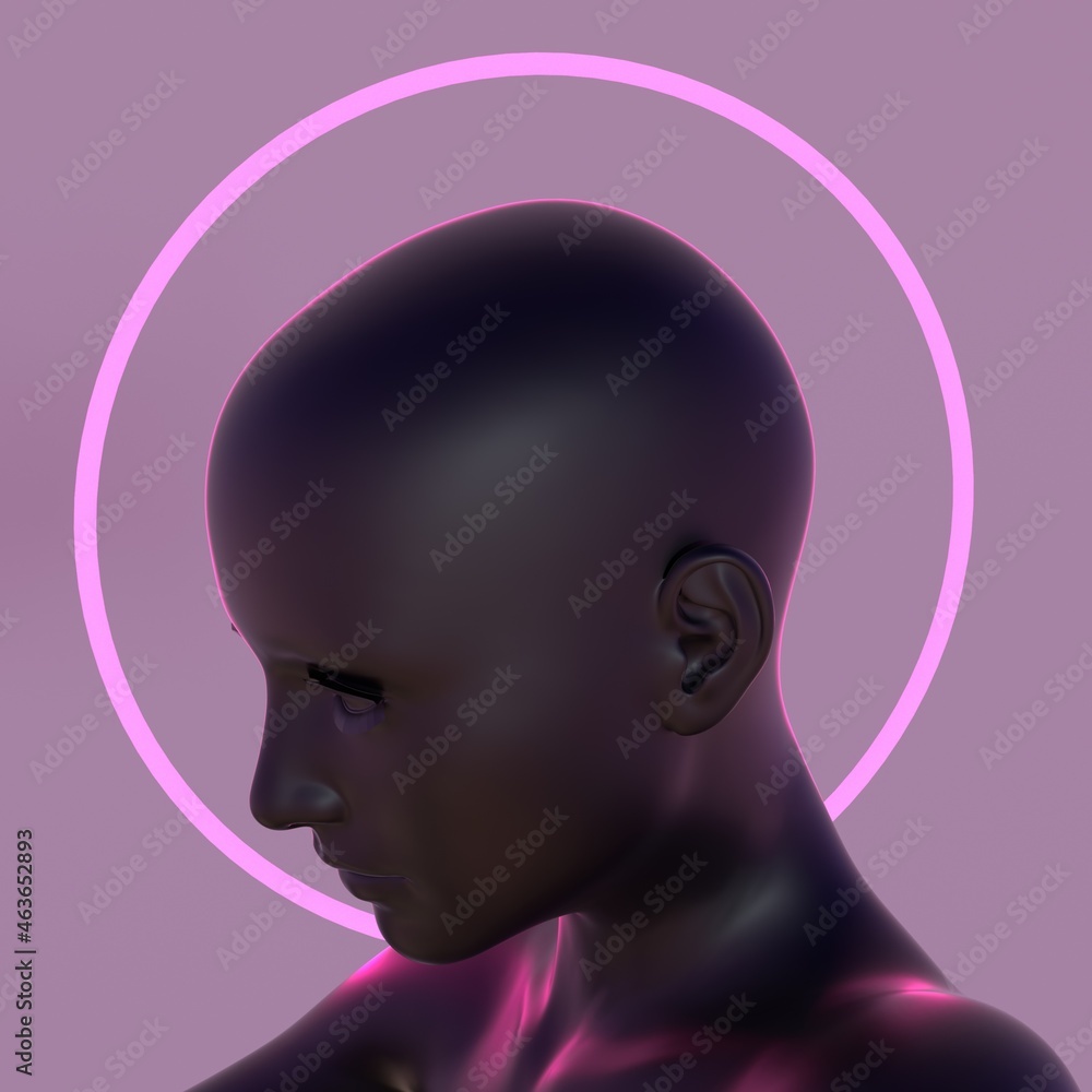 Poster Mysterious artificial human with a neon ring. Concept of the artificial intelligence and android robot. 3D illustration.