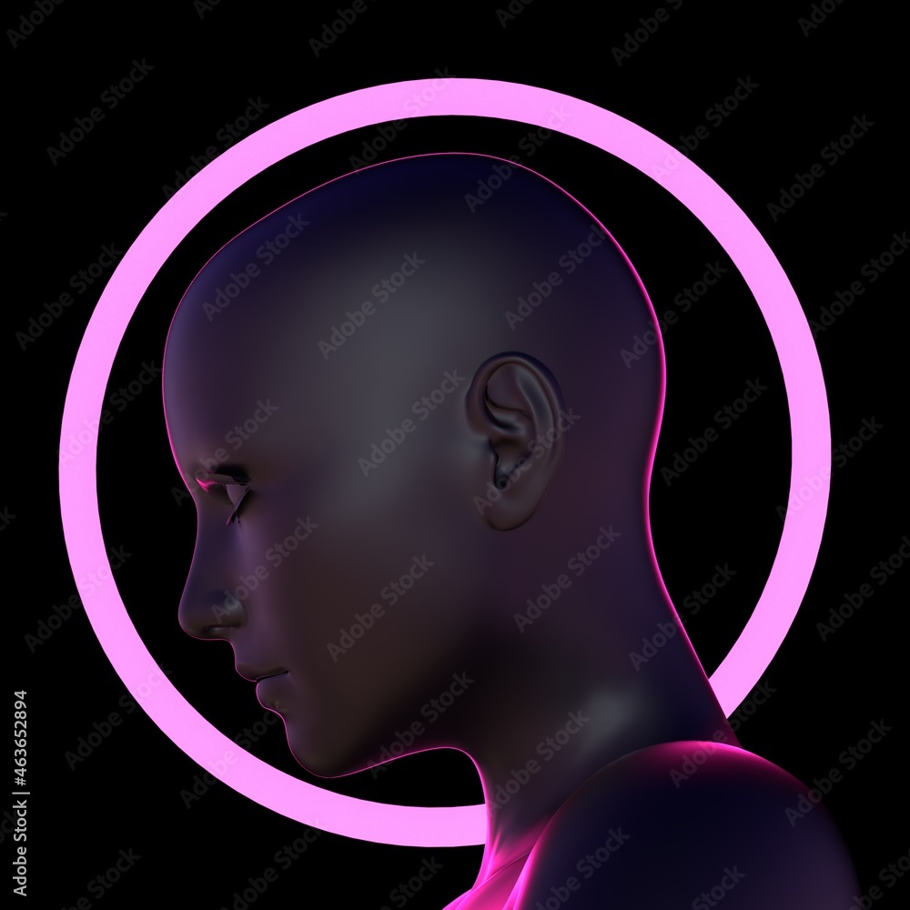 Poster Mysterious artificial human with a neon ring. Concept of the artificial intelligence and android robot. 3D illustration.