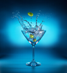 Martini glass with amazing splash as the result of olive berries falling down in it. Blue background.