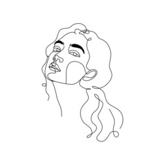 Abstract Line Illustration, Minimal Face Drawing In Lines. Fashion Sketch. Drawn Female Portrait, Minimalist Woman Art.