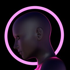 Mysterious artificial human with a neon ring. Concept of the artificial intelligence and android robot. 3D illustration.