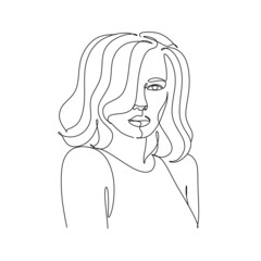 Abstract Line Illustration, Minimal Face Drawing In Lines. Fashion Sketch. Drawn Female Portrait, Minimalist Woman Art.