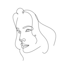 Abstract Line Illustration, Minimal Face Drawing In Lines. Fashion Sketch. Drawn Female Portrait, Minimalist Woman Art.