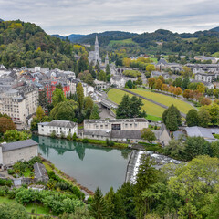 Lourdes, France - 9 Oct 2021: Views of the Rosary Basilica and Gave de Pau river from the Chateau Fort de Lourdes