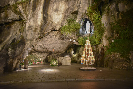 Lourdes, France - 9 Oct 2021: Shrine to the Virgin Mary at the Massabielle Grotto, Lourdes
