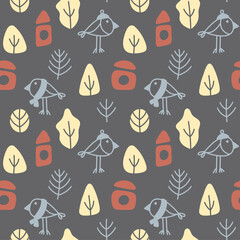 Vector autumn seamless pattern  on a grey background. Autumn leaves, branches, birds and birdhouses in  brown, blue and yellow. Flat and doodle. Suitable for cards,  paper and others