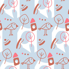 Vector autumn seamless pattern  on a light background. Autumn leaves, birds and birdhouses in  brown, blue and red. Flat and doodle. Suitable for cards,  paper and others