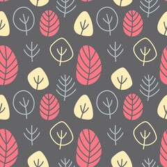 Vector autumn seamless pattern  on a grey background. Autumn leaves and branches in red, blue and yellow. Flat and doodle. Suitable for cards,  paper and others
