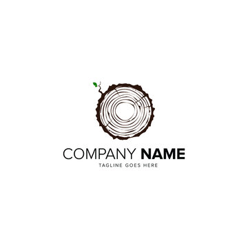 Annual tree growth rings logo icon with greyscale vector drawing of the cross-section of a tree trunk with copyspace fot text below