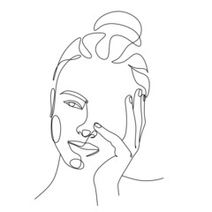 Abstract Line Illustration, Minimal Face Drawing In Lines. Fashion Sketch. Drawn Female Portrait, Minimalist Woman Art.