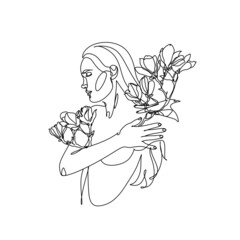 Abstract Line Illustration, Minimal Face Drawing In Lines. Fashion Sketch. Drawn Female Portrait, Minimalist Woman Art.