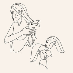 Abstract Line Illustration, Minimal Face Drawing In Lines. Fashion Sketch. Drawn Female Portrait, Minimalist Woman Art.