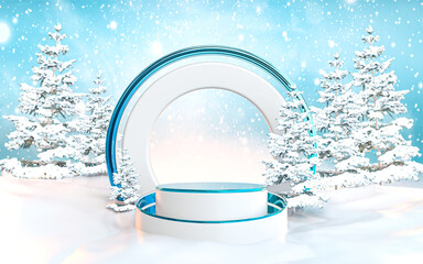 winter podium stage with tree and blue sky abstract look landscape background 3d rendering