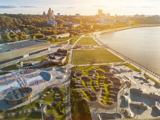 A new skate park in Kazan. Extreme park for entertainment. View from above. Aerial view of the...