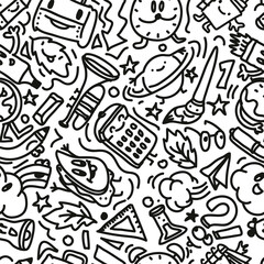 Obraz premium Seamless doodle pattern backgrounds. Back to school theme. Hand drawn vector illustration.