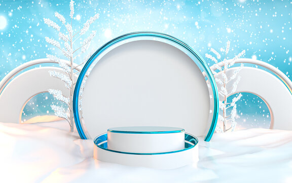 Winter Podium Stage With Tree And Blue Sky Abstract Look Landscape Background 3d Rendering