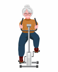 Smiling grandma on exercise bike. An elderly woman practicing in gym or home. The concept of longevity and a healthy lifestyle. Flat illustration on the white background.