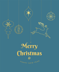 Christamas greeting card winter holiday design with snowflakes ornament garland hanging gold and silver Christmas ball