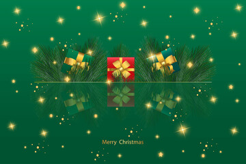 Christmas and New Year background. Christmas tree branches and Christmas gifts.