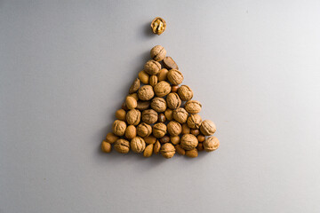 Brazilian nuts, walnuts, almonds shaped as Christmas tree with star on Winter and Christmas grey background