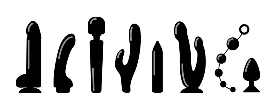 Set of adult sex toys. Dildos and vibrators, vaginal beads, anal plugs. Vector sex shop icons in a flat black silhouette style.