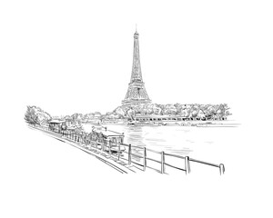 Romantic landscape view of the Eiffel Tower and Sena River. Paris, France. Urban sketch. Hand drawn vector illustration