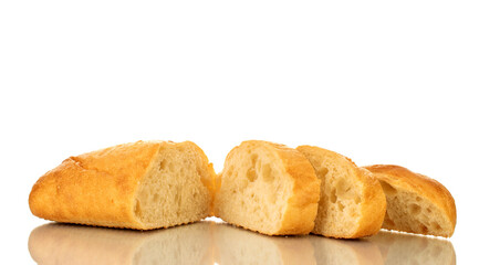 One sliced fresh ciabatta, close-up, isolated on white.