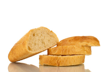 One sliced fresh ciabatta, close-up, isolated on white.