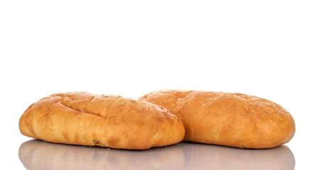 Two fragrant ciabatta, close-up, isolated on white.