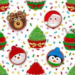 Seamless christmas pattern with cupcakes. texture with christmas cupcakes