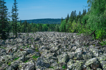 The river of rocks or Stone River. Taganay National Park in Southern Urals, Russia. The Ural mountains.