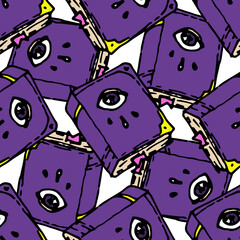 a pattern from a purple book with an eye. seamless pattern from a hand-drawn cartoon witch book, often located on a white background
