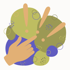 Human hand and exclamation marks. Abstract illustration. The concept of posing a question and solving problems in business. Difficulty, obstacle, solution for an entrepreneur. Abstract colored spots. 
