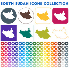 South Sudan icons collection. Bright colourful trendy map icons. Modern South Sudan badge with country map. Vector illustration.