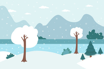 Winter landscape with trees, Christmas trees, mountains and river. Seasonal countryside landscape. Vector illustration in flat style
