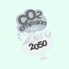 CO2 net-zero emission 2050 typographic design. Thought bubbles as a gimmick of plan and goal. Vector illustration outline flat design style.