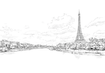Foto op Canvas Romantic landscape view of the Eiffel Tower and Sena River. Paris, France. Urban sketch. Hand drawn vector illustration © romanya