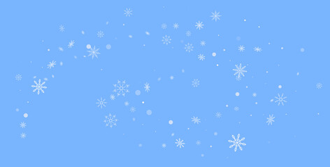 White delicate openwork snowflakes are scattered on a blue background. Festive background, postcard design, wallpaper