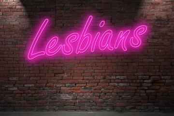 Neon lettering lesbians Pride on Brick Wall at night