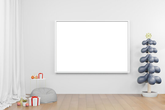 3d rendering illustration of frame poster mockup in modern interior background in christmas new year theme