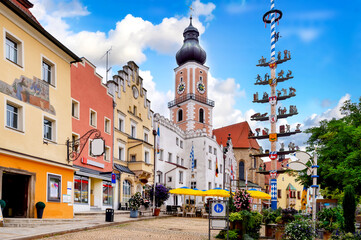 Market square in the idyllic village Cham in Bavaria, Germany