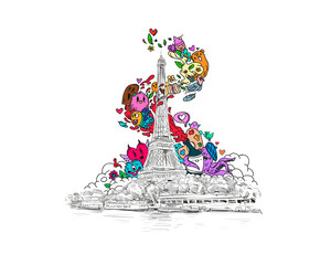 Doodle characters characterizing Eiffel Tower. Paris, France. Hand drawn vector. Fashion illustration