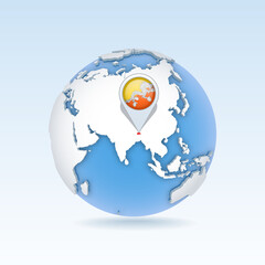 Bhutan - country map and flag located on globe, world map.
