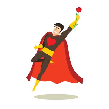 Funny cartoon valentine superhero with flowers for use in presentations