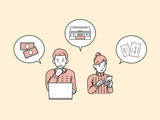 年賀状の印刷サービスを利用する男女　プリンター　はがき　注文　イラスト素材