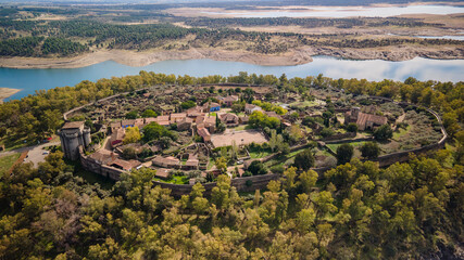 Aerial images of Granadilla, a medieval town in the province of Cáceres, during a sunny summer day