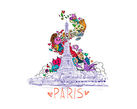 Doodle characters characterizing Eiffel Tower. Paris, France. Hand drawn vector. Fashion illustration