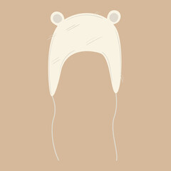 Cute bear beanie with ears for kids or baby. Hand drawn winter accessory. Hat with ties vector illustration. Warm clothers for cold weather