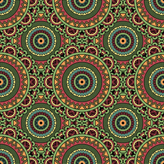 Abstract seamless mandala background. Texture in green and red colors. Oriental pattern for design, fashion print, scrapbooking	