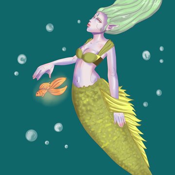 mermaid in the water with gold fish and bubbless